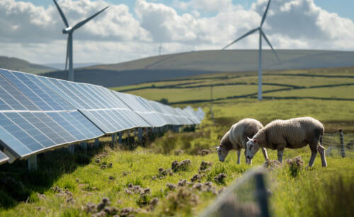 Sheep grazing next to a row of solar panels and wind turbines on a green pasture. Énergies renouvelables et biodiversité : le dialogue s'ouvre