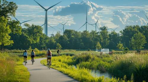 Cyclists Riding Through a Park with Wind Turbines Under a Clear Blue Sky Cyclists Riding Through a Park with Wind Turbines Under a Clear Blue Sky