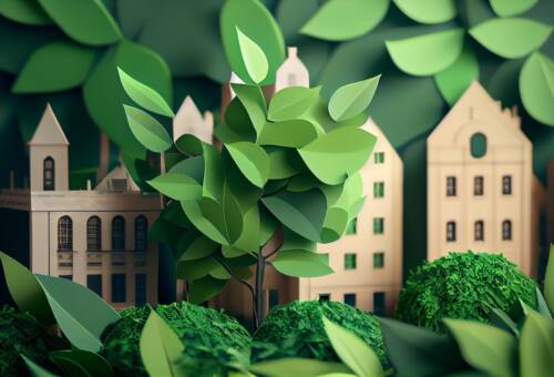 Mock up green city layout with paper, alternative energy. Generative AI. Mock up green city layout with paper, alternative energy. Generative AI.