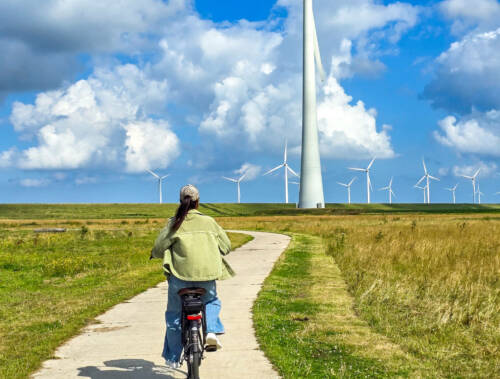 Cyclist Enjoys Scenic Ride Past Wind Turbines Generating Green Energy in Netherlands Cyclist Enjoys Scenic Ride Past Wind Turbines Generating Green Energy in Netherlands