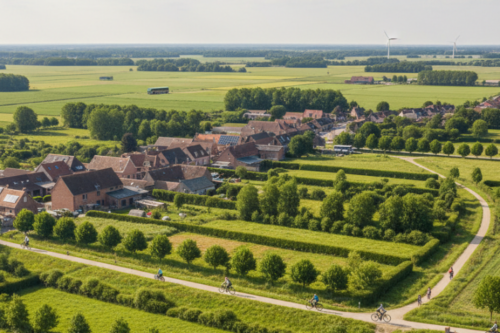 Voyage dans les paysages de la transition énergétique Représentation en 2070 de la Communauté d'agglomération de Béthune avec des maisons, des cyclistes, des panneaux photovoltaïques et des éoliennes